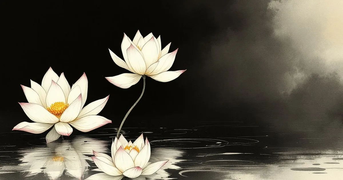 Machig Labdrön: several lotus blossoms opening together on still water (ink-wash illustration)
