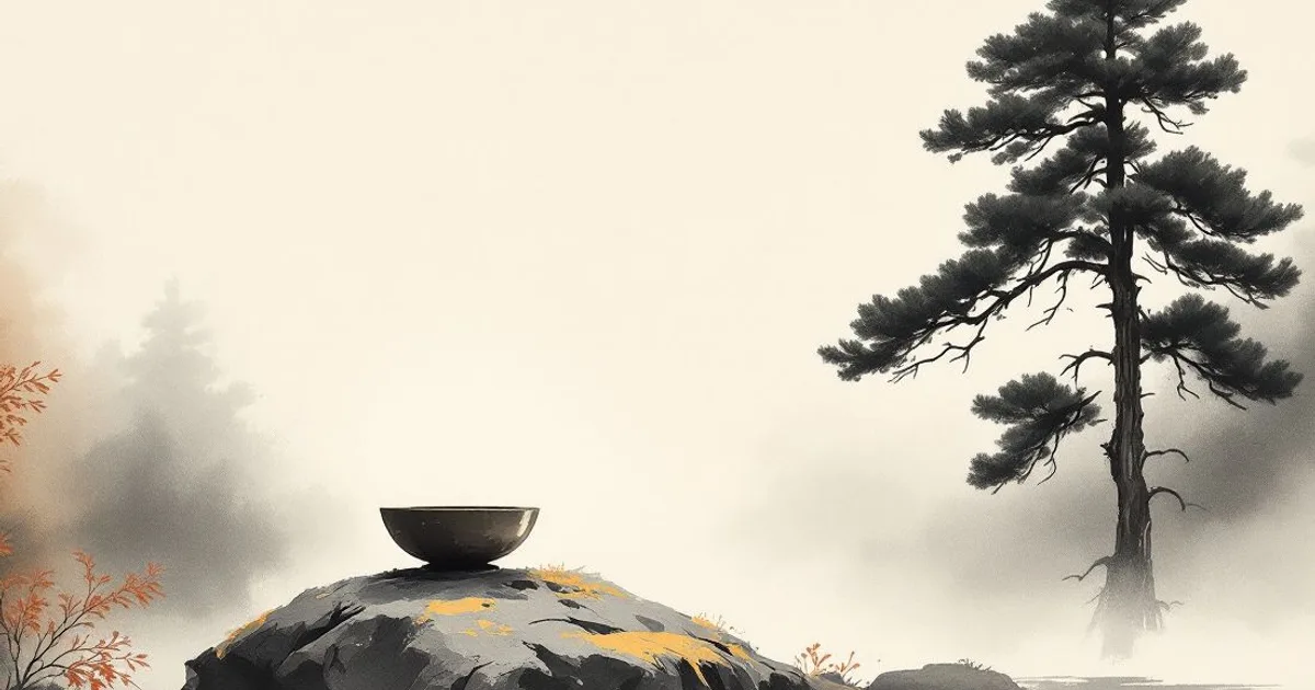 Sumi-e ink-wash illustration: a single worn alms bowl resting on a mossy rock among quiet pines in soft mist.