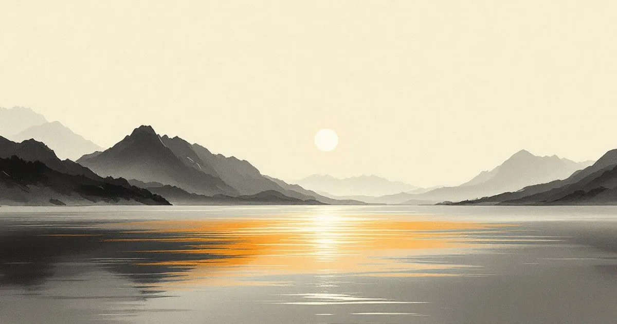 Sumi-e ink-wash illustration: a bright sun low over vast still water, a saffron path of light reaching toward distant mountains.