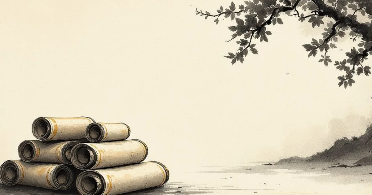 Mahaparinibbana Sutta: a stack of sutra scrolls catching soft light (ink-wash illustration)