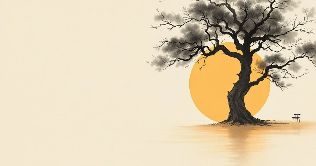 Sumi-e ink-wash illustration: an empty seat beneath a great tree at sunrise.