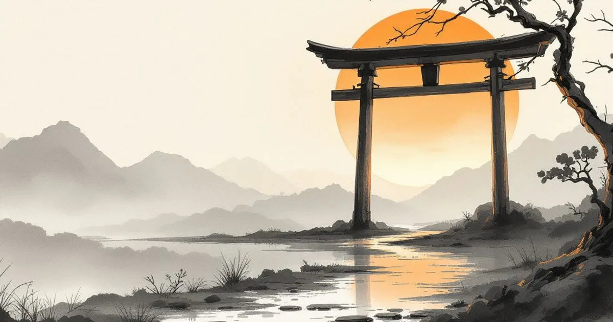 Sumi-e ink-wash illustration: an open wooden gate at dawn.