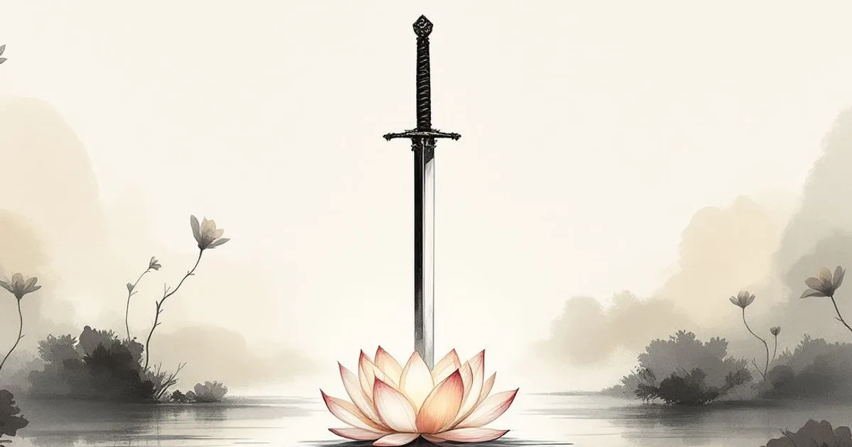 Sumi-e ink-wash illustration: an upright sword and an open scroll resting on a lotus.