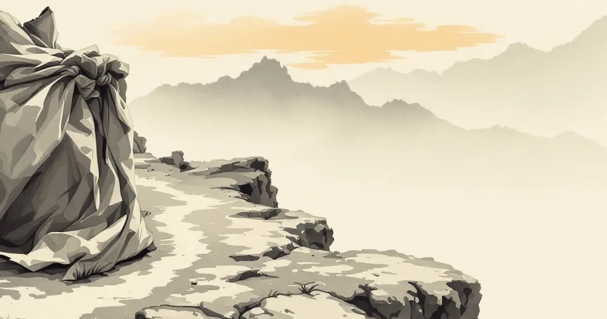 Marpa the Translator: a cloth-wrapped bundle resting on a rock at a high mountain pass (ink-wash illustration)