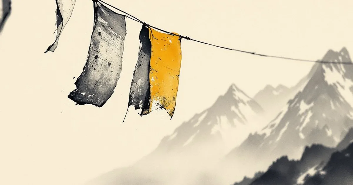Matthieu Ricard: faded prayer flags on a cord in the wind, snow-capped peaks blurred behind (ink-wash illustration)