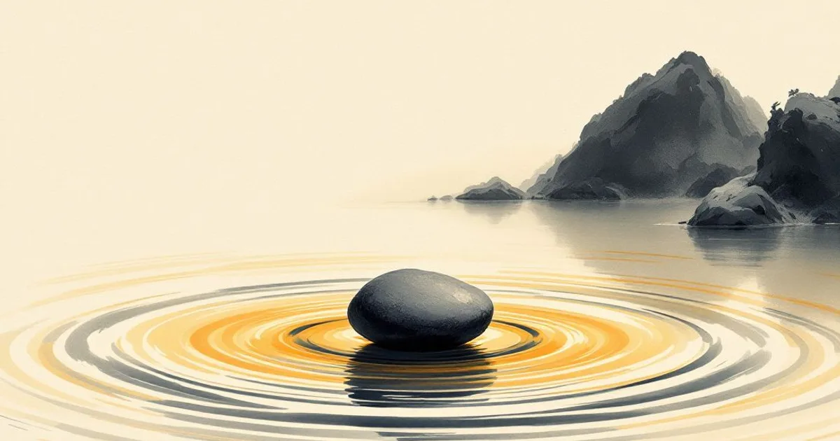 Sumi-e ink-wash illustration: one pebble and the ripples it leaves.