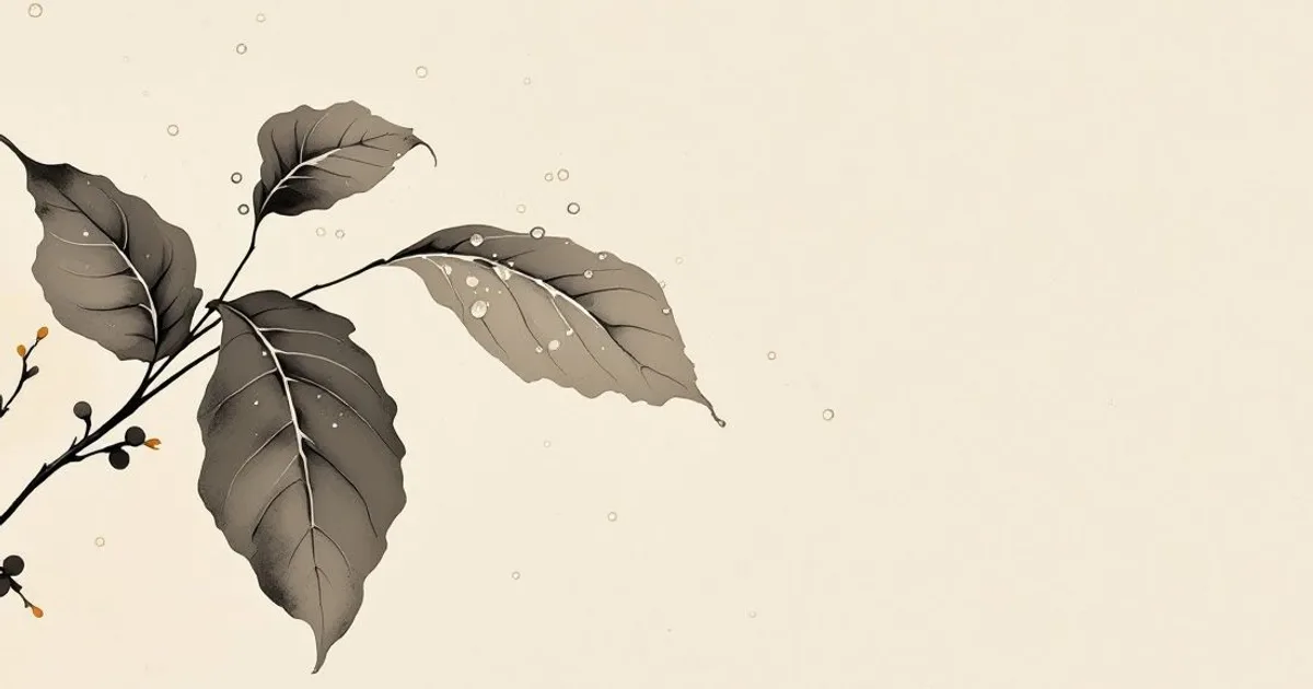 Sumi-e ink-wash illustration: a single dew-laden leaf.