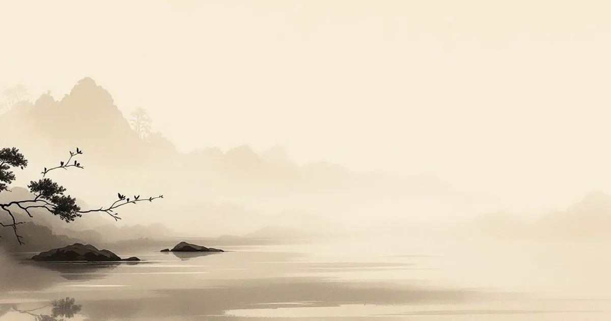 Sumi-e ink-wash illustration: mist drifting over quiet water.