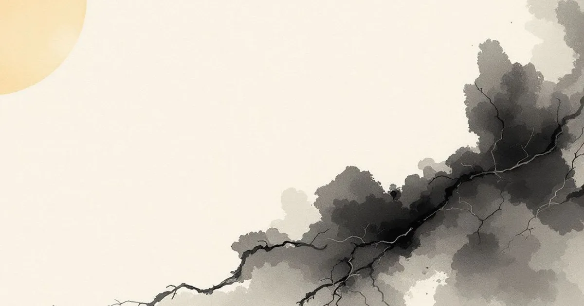 Sumi-e ink-wash illustration: a single page turning in still air.