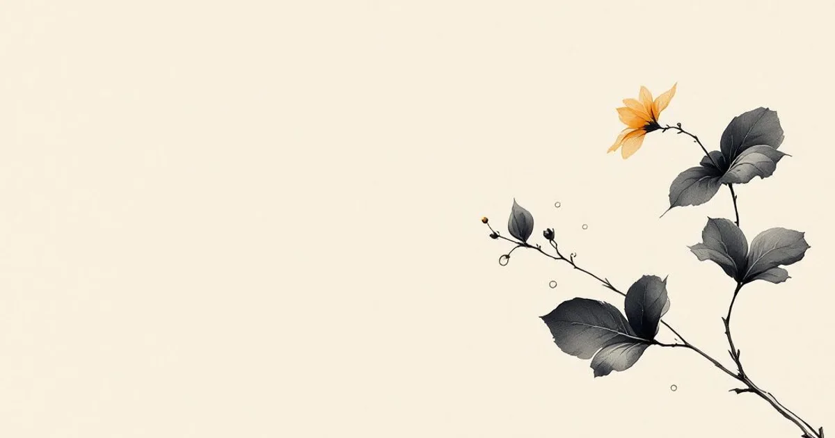 Sumi-e ink-wash illustration: a single dew-laden leaf.