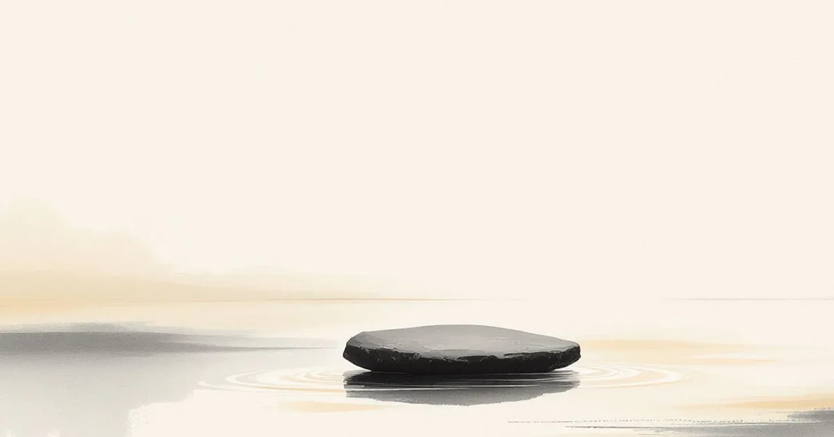 Mindfulness for Anxiety: a single flat stone resting on calm water under a soft pale sky (ink-wash illustration)