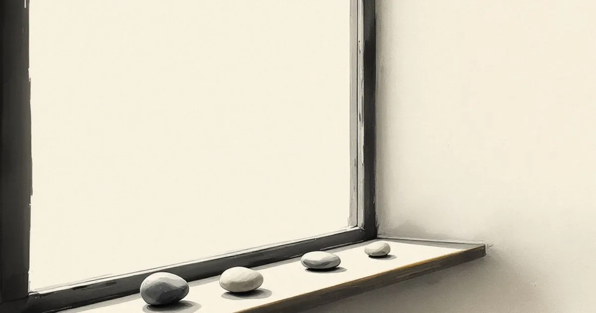 Mindfulness for Kids: four smooth pebbles in a row along a windowsill (ink-wash illustration)