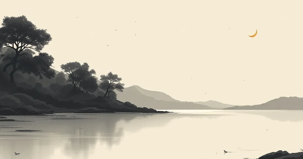 Mindfulness for Sleep: a thin crescent moon above a still lake and wooded shore at dusk (ink-wash illustration)
