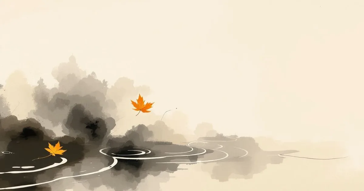 Mindfulness for Stress: maple leaves drifting down onto softly swirling water (ink-wash illustration)
