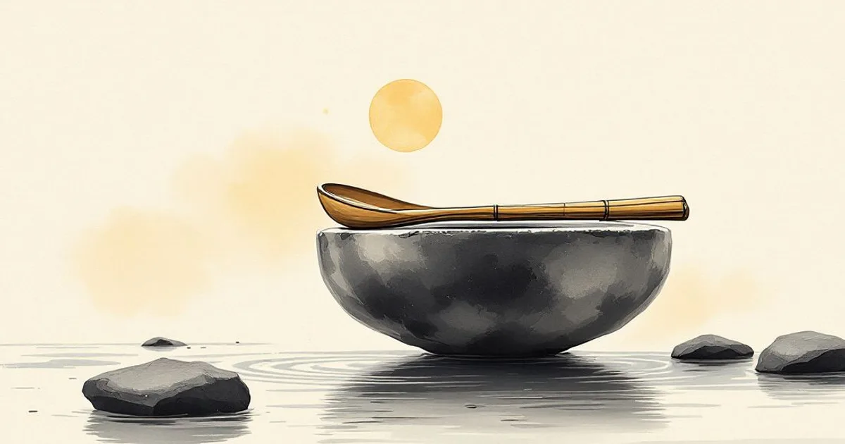 Mindfulness Gathas: a stone bowl with a bamboo ladle laid across it, on still water by small stones (ink-wash illustration)
