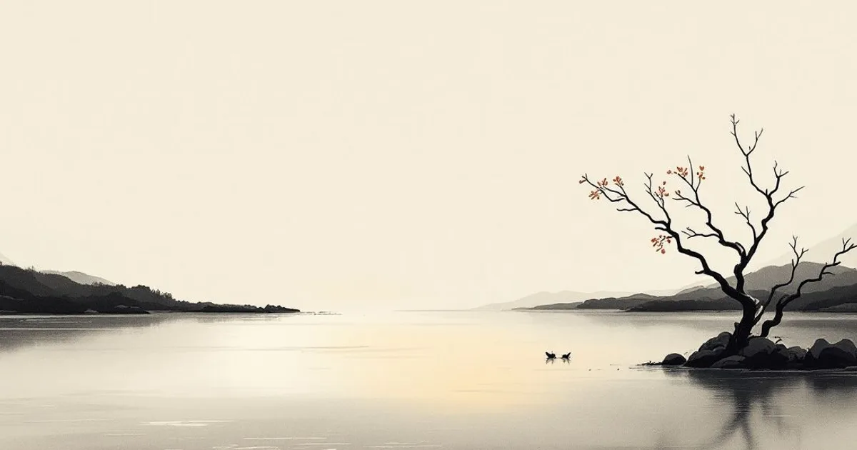 Sumi-e ink-wash illustration: a still pond at first light.