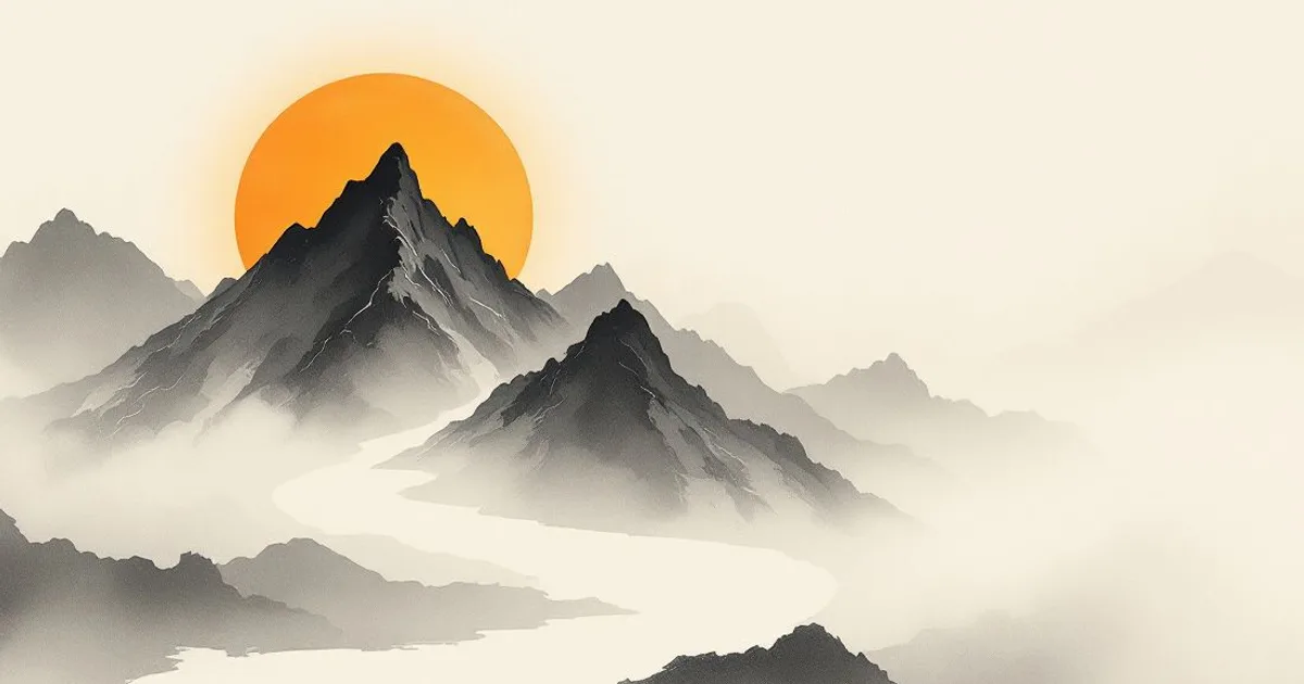 Mingyur Rinpoche: a mountain path disappearing into mist (ink-wash illustration)