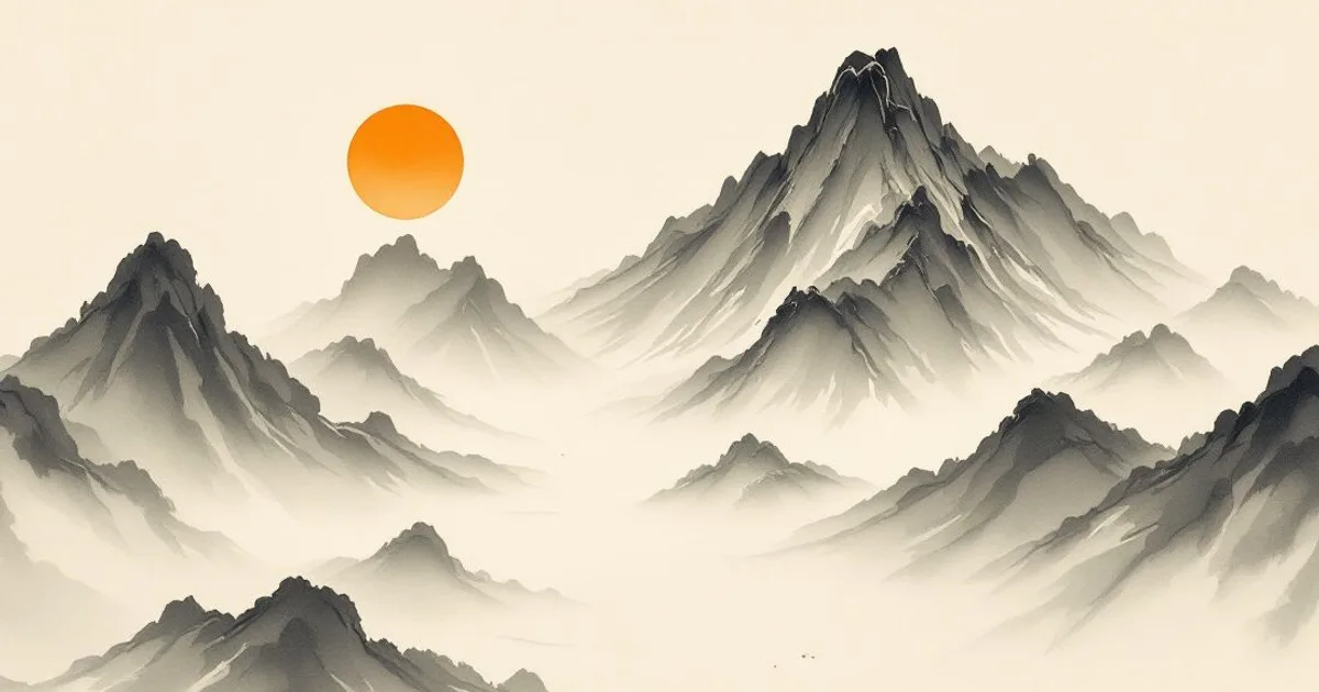 Sumi-e ink-wash illustration: a vast central mountain rising from ringed waters into the sky.