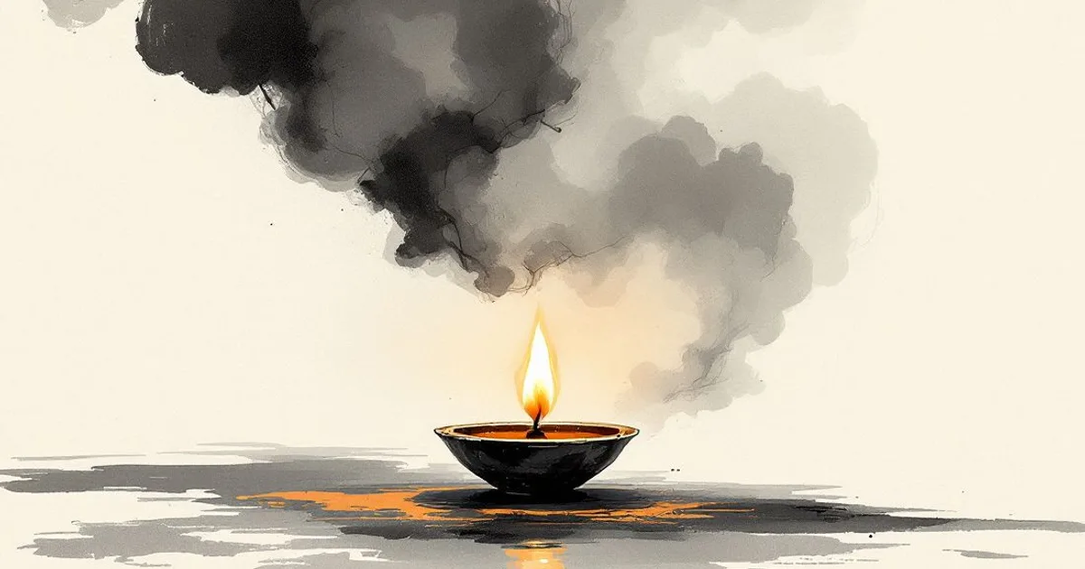 Sumi-e ink-wash illustration: a single oil lamp burning quietly.