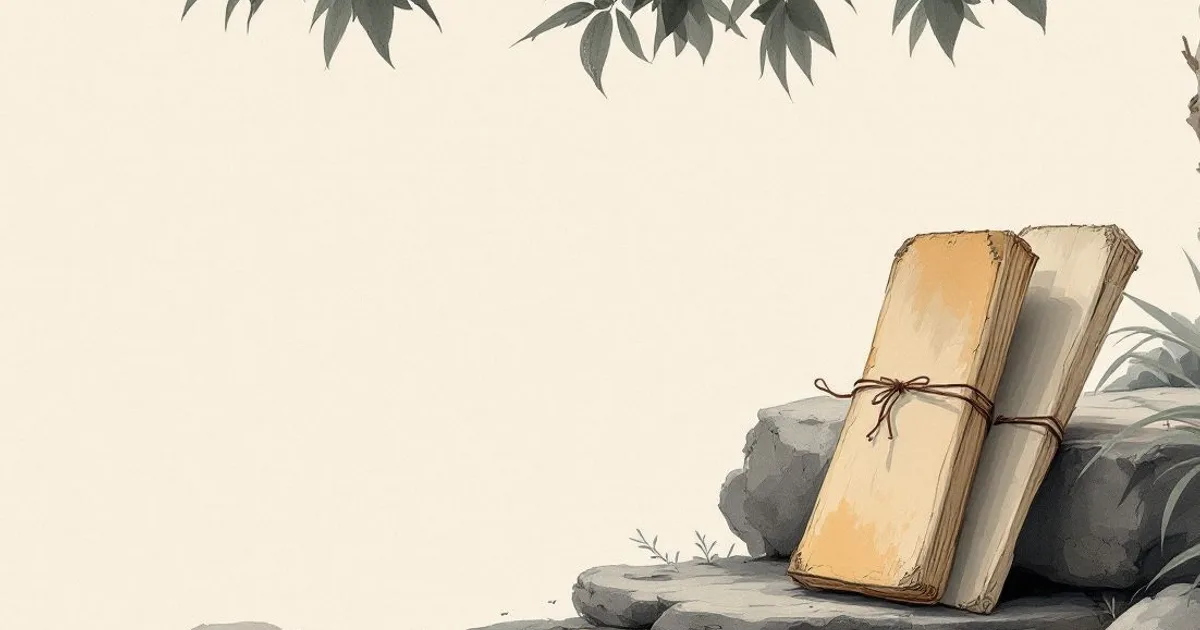 Naropa: two cord-tied bundles of old pages leaning on a rock beneath overhanging leaves (ink-wash illustration)