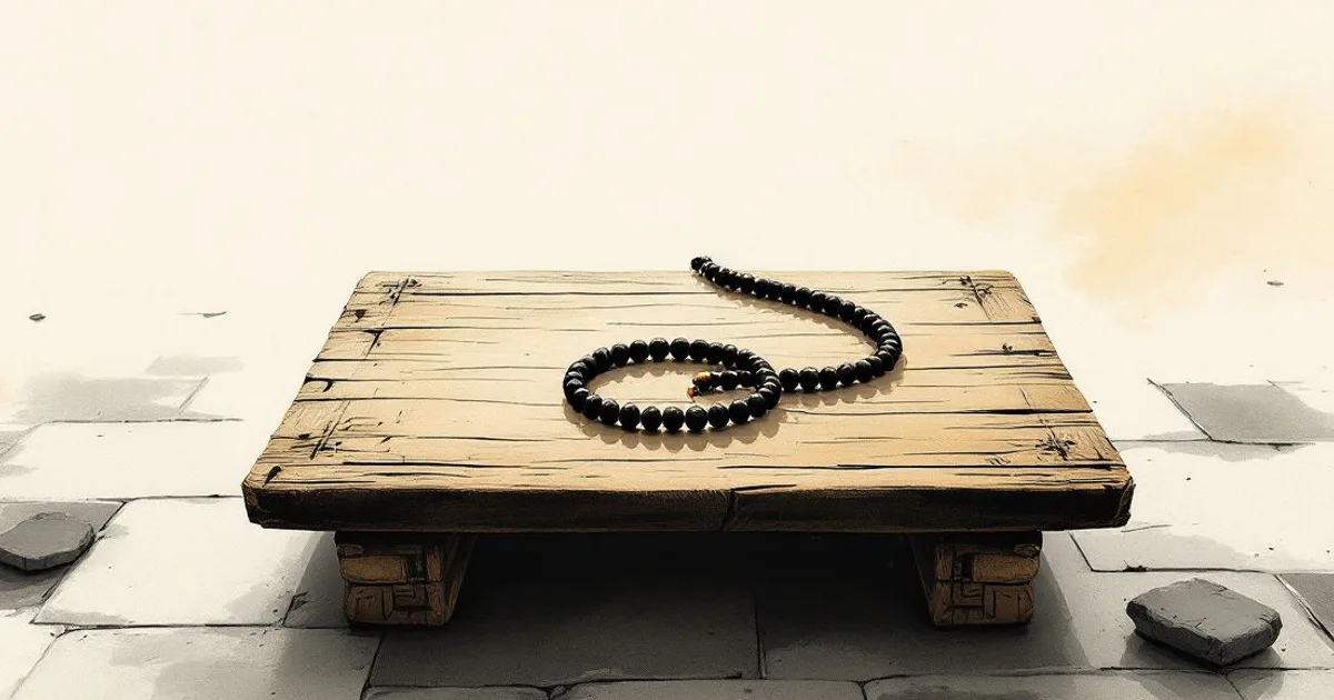 Ngöndro: an empty wooden board with a mala lying on a stone floor (ink-wash illustration)