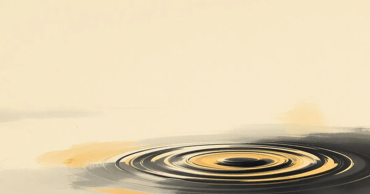 Sumi-e ink-wash illustration: concentric ripples spreading on a still pond.