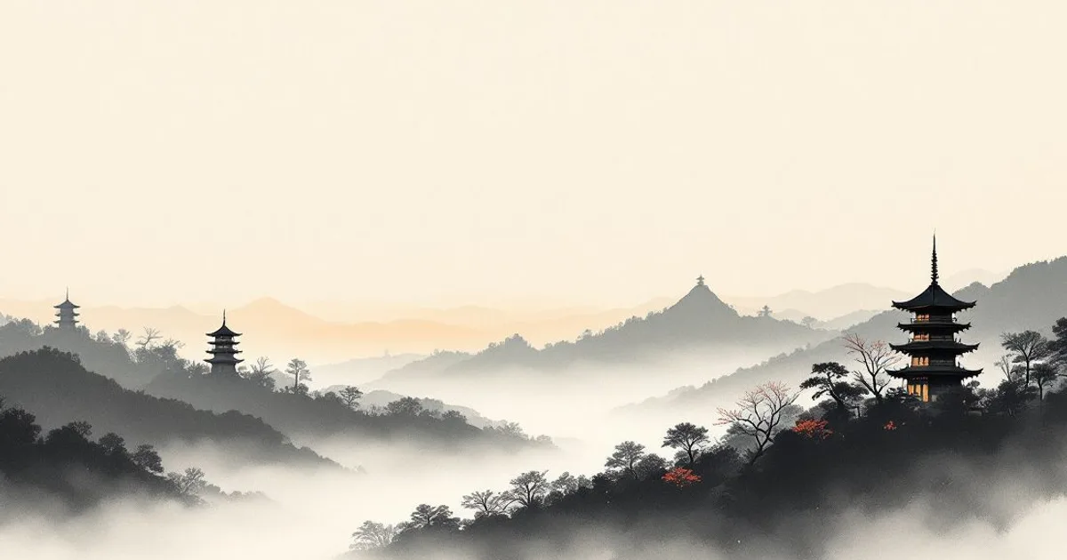 Sumi-e ink-wash illustration: distant pagodas fading into mist.