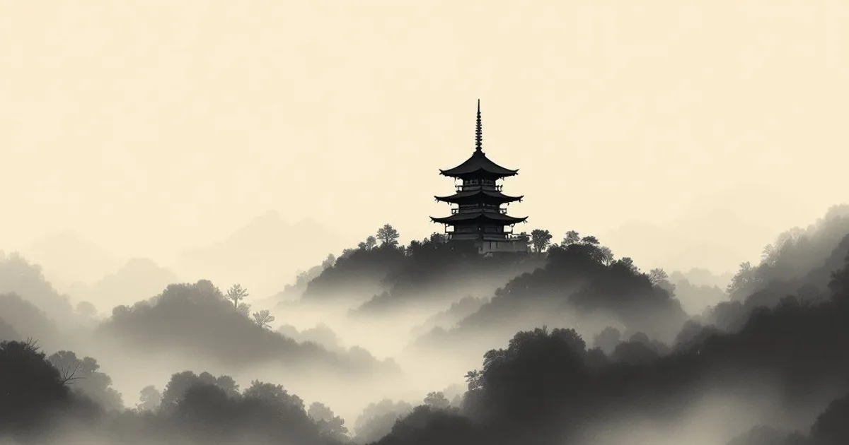 Om Mani Padme Hum: a single pagoda in drifting fog (ink-wash illustration)