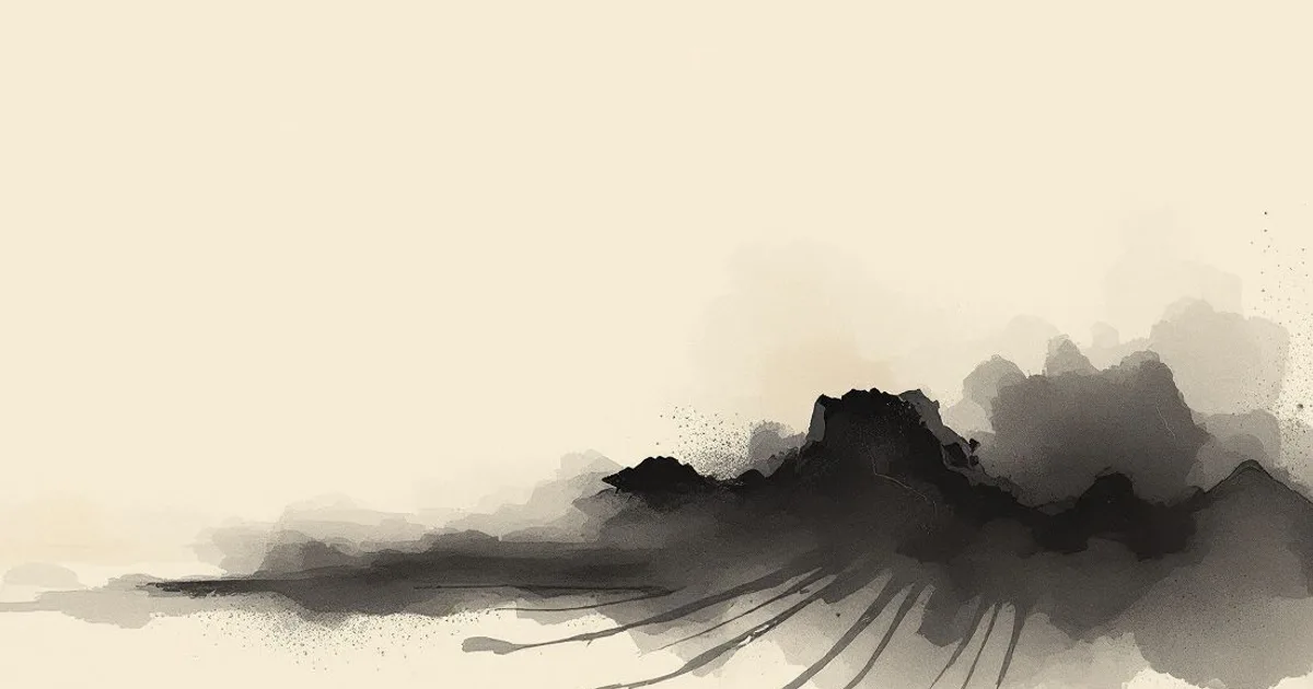 Sumi-e ink-wash illustration: an open palm-leaf manuscript.
