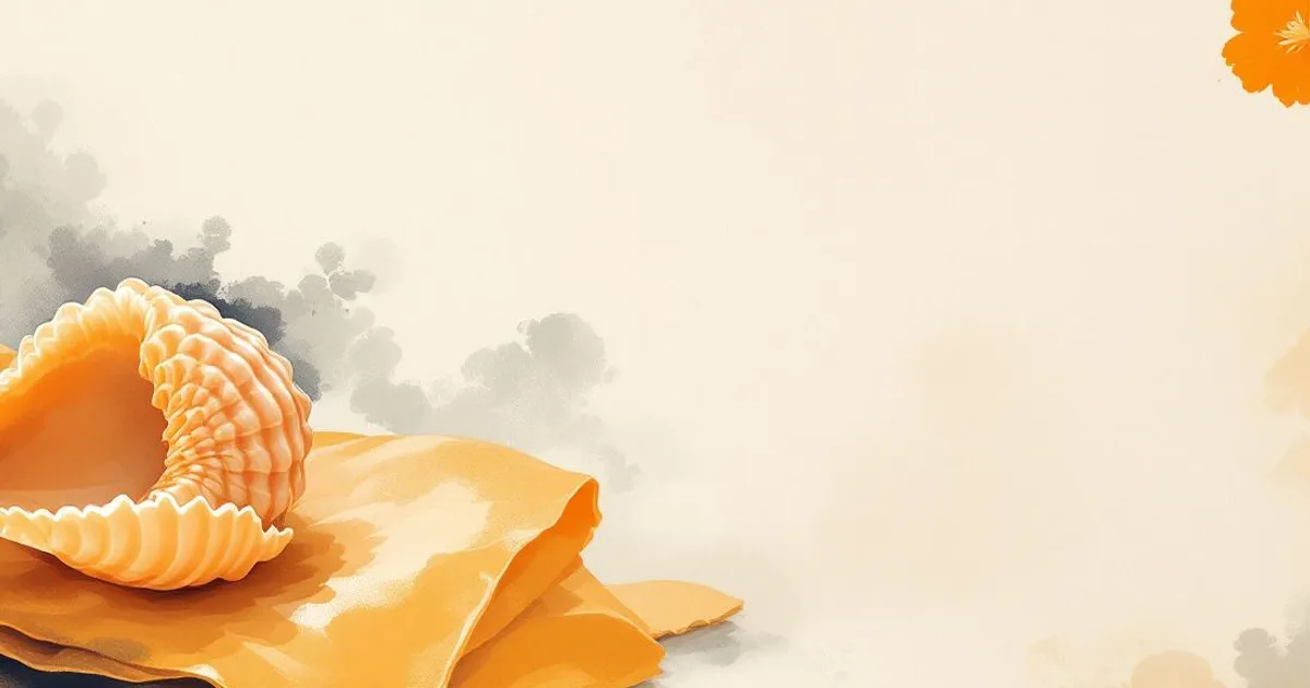 Pali and Sanskrit Pronunciation: a pale shell resting on a folded saffron cloth beside drifting ink-wash smoke