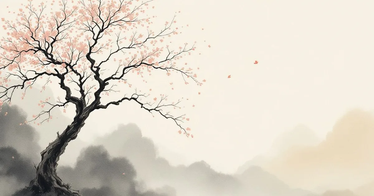 Sumi-e ink-wash illustration: a solitary blossoming tree shedding its petals against a soft, misty evening sky.