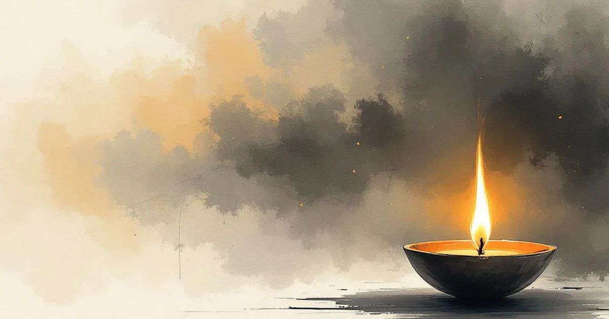 Sumi-e ink-wash illustration: a single oil lamp burning quietly.