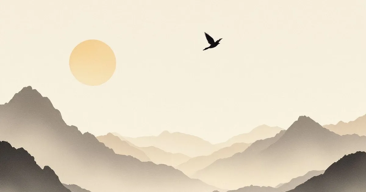 Phowa: a single bird flying above misty mountains under a pale sun (ink-wash illustration)