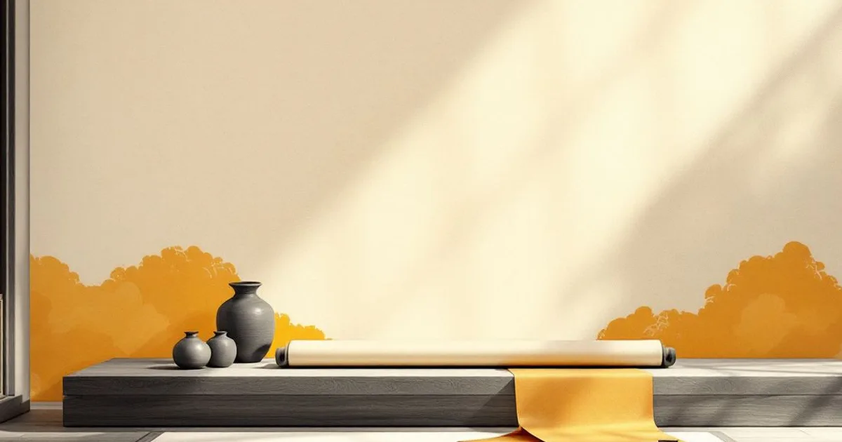 Sumi-e ink-wash illustration: a scroll resting on a low wooden platform in a spare, sunlit room.