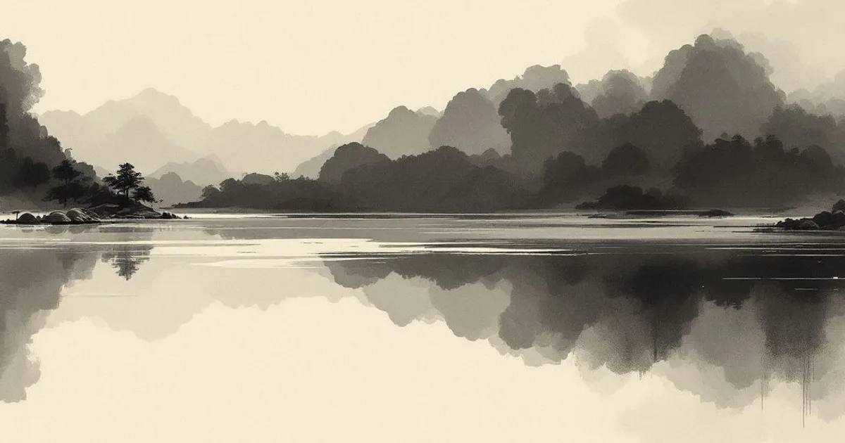 Sumi-e ink-wash illustration: a still pond reflecting both open sky and dark depths.