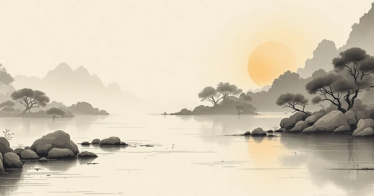 Sumi-e ink-wash illustration: a still pond at dawn.