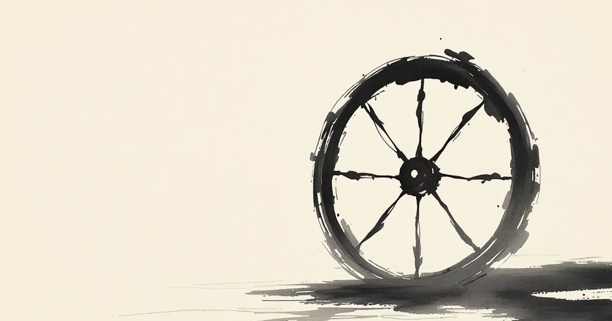 Sumi-e ink-wash illustration: an eight-spoked wheel suggested in a few ink strokes.