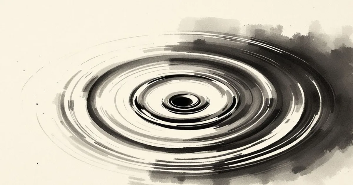 Sumi-e ink-wash illustration: concentric ripples spreading on a still pond.