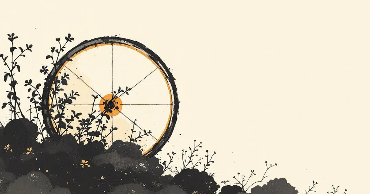Sumi-e ink-wash illustration: an eight-spoked wheel suggested in a few ink strokes.