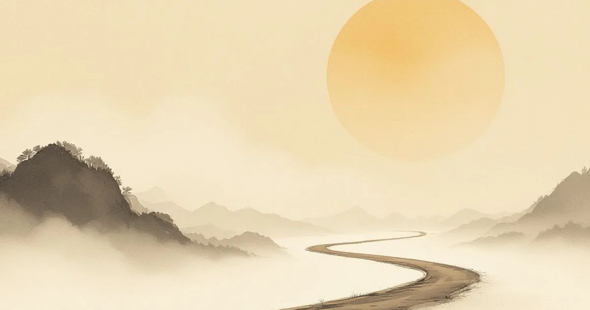 Sumi-e ink-wash illustration: a quiet path winding into soft mist.