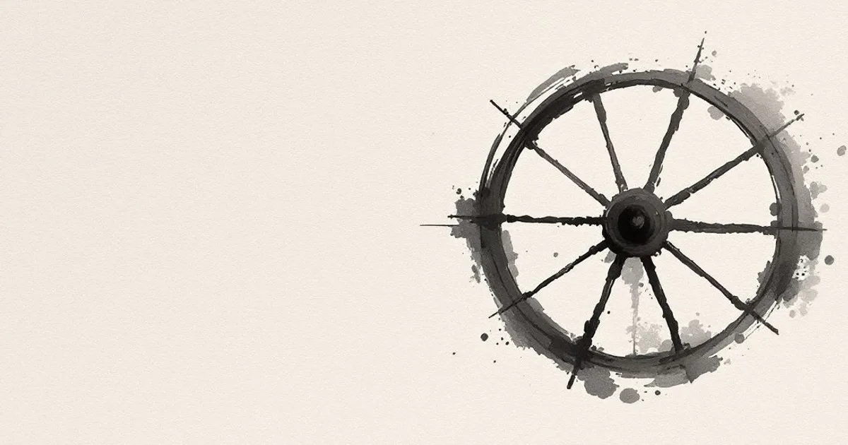 Sumi-e ink-wash illustration: an eight-spoked wheel suggested in a few ink strokes.