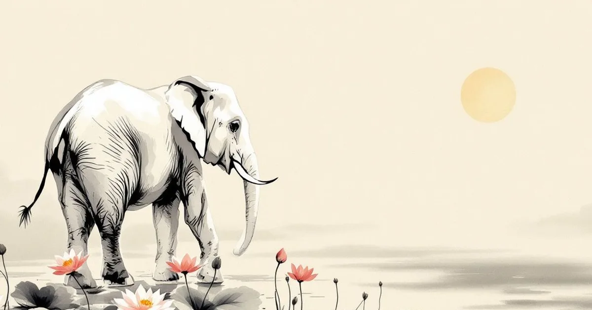 Samantabhadra: a white elephant among pink lotuses on still water, a pale sun behind (ink-wash illustration)