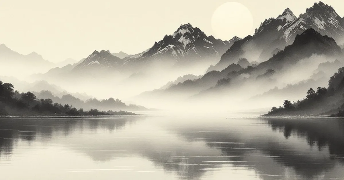 Sumi-e ink-wash illustration: misty mountains mirrored in a calm lake beneath a pale dawn sun.