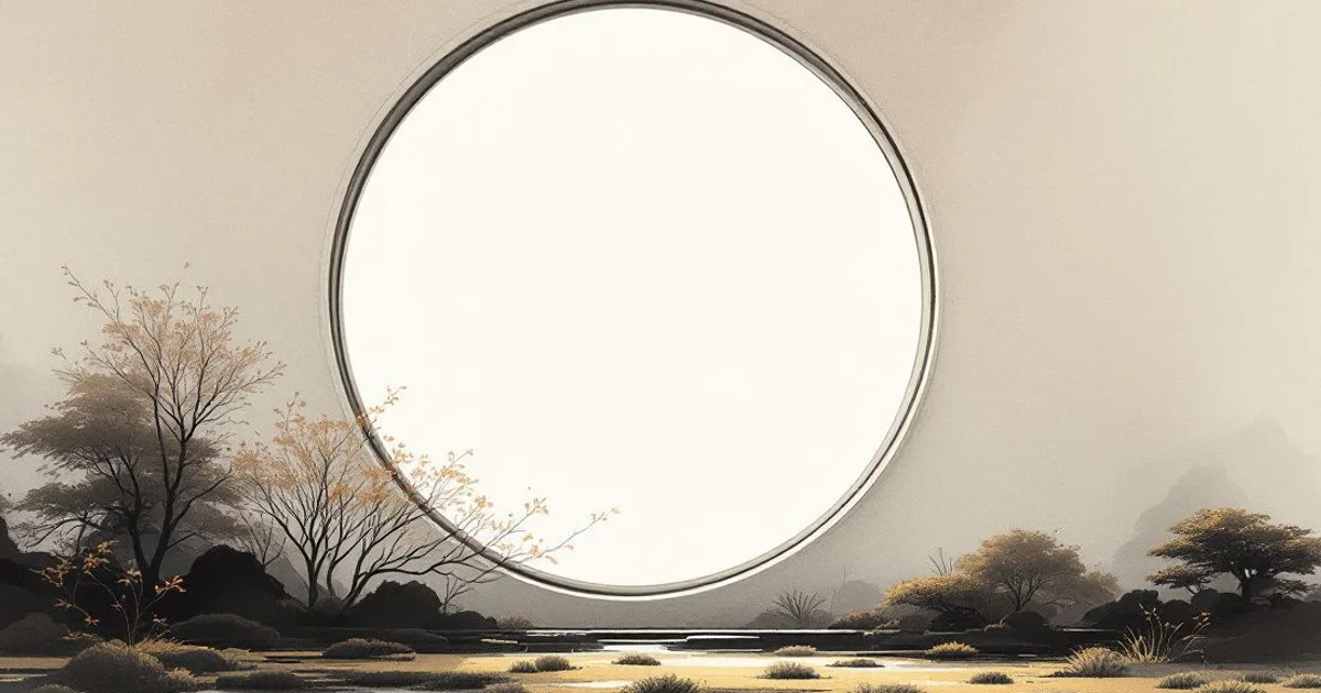 Satori and Kensho: a round window in a pale wall above a misty garden of bare trees and shrubs (ink-wash illustration)