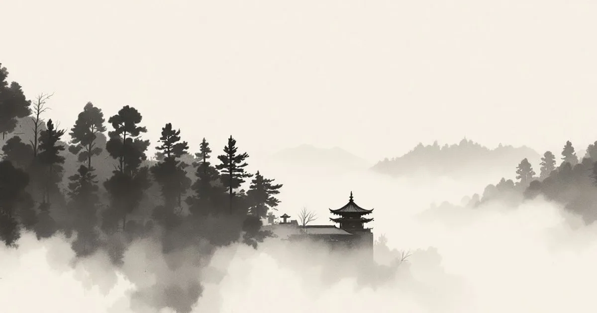 Sumi-e ink-wash illustration: a lone temple roofline above the mist.