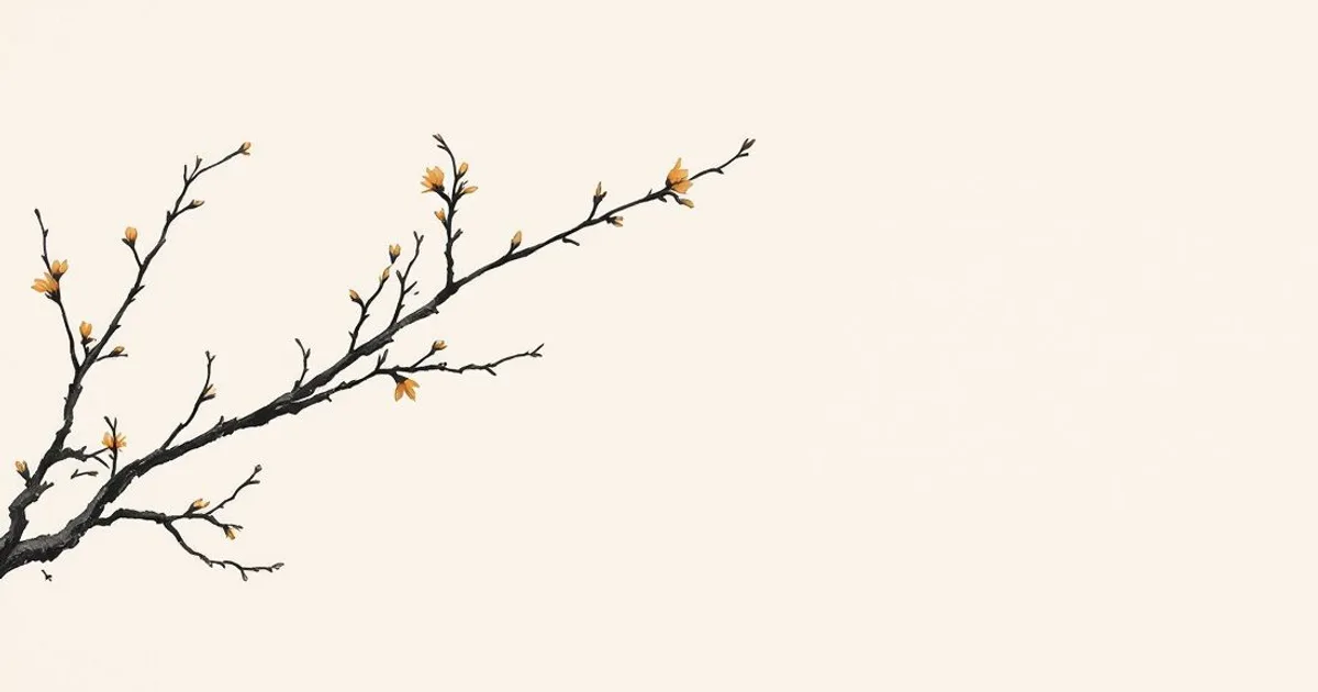 Sumi-e ink-wash illustration: a slender branch of blossoms opening toward soft morning light.