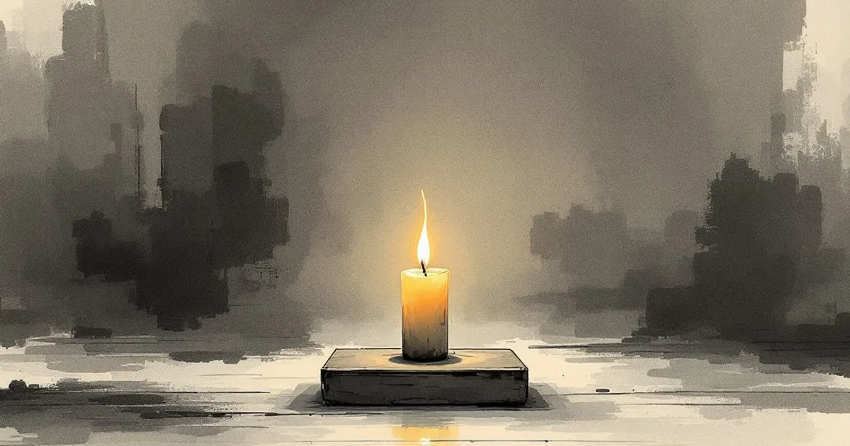 Sumi-e ink-wash illustration: a single lit candle glowing warmly on a low table in a still, dark room.