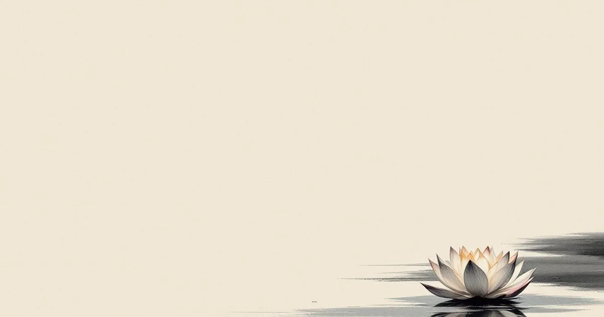 Sumi-e ink-wash illustration: a single lotus in full bloom on calm water, its petals fully open to the light.