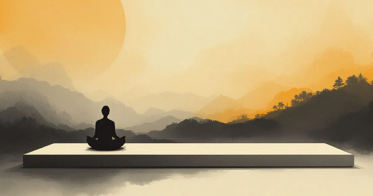 S. N. Goenka and the 10-Day Vipassana Course: an empty meditation seat (ink-wash illustration)