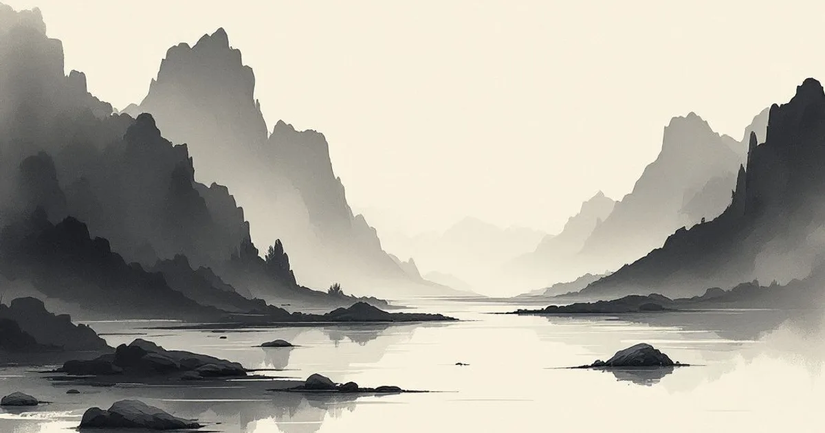 Sumi-e ink-wash illustration: a clear mountain stream flowing steadily into the distance toward open light.